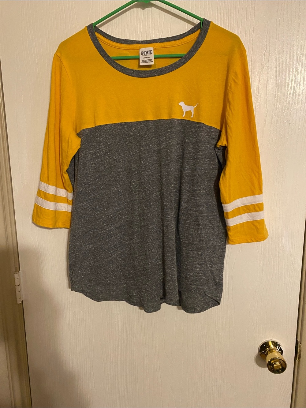PINK Victoria's Secret Yellow and Gray Baseball Raglan Tee